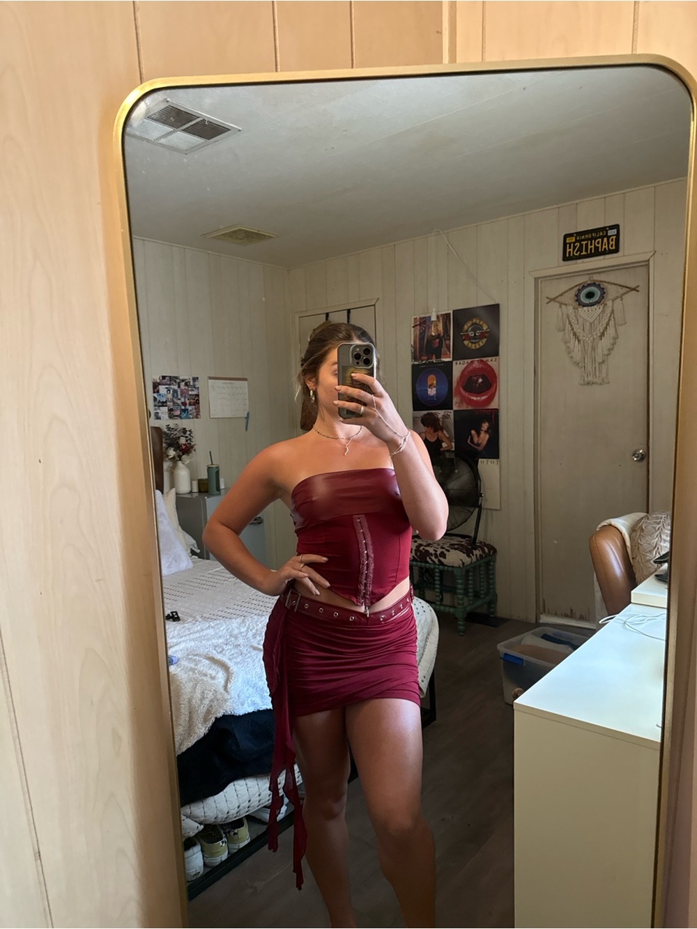 Strapless Burgundy Ruched Mini Dress Set